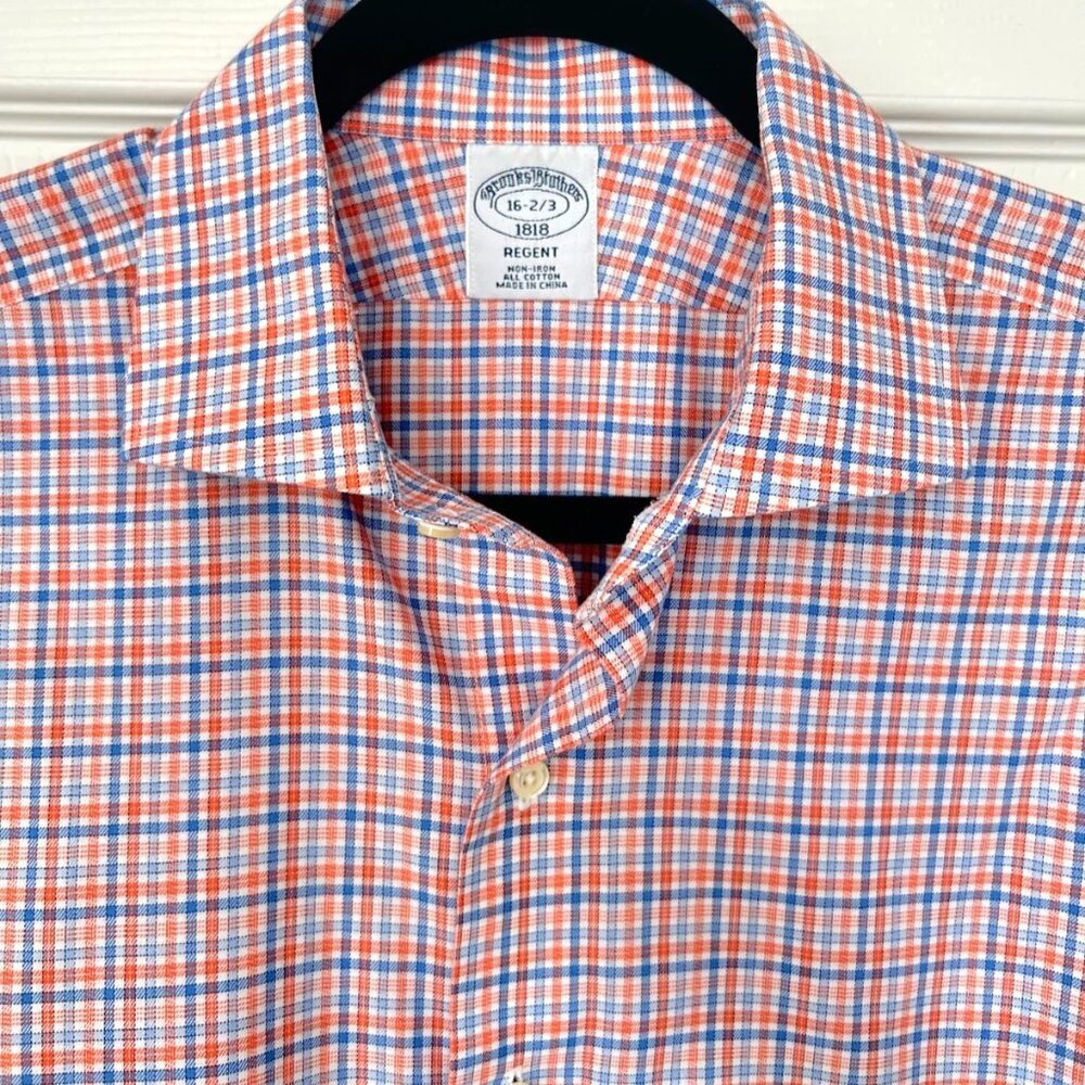 Brooks Brothers Regent 16-32/33 Orange Blue Check Cotton Dress Shirt USA Classic